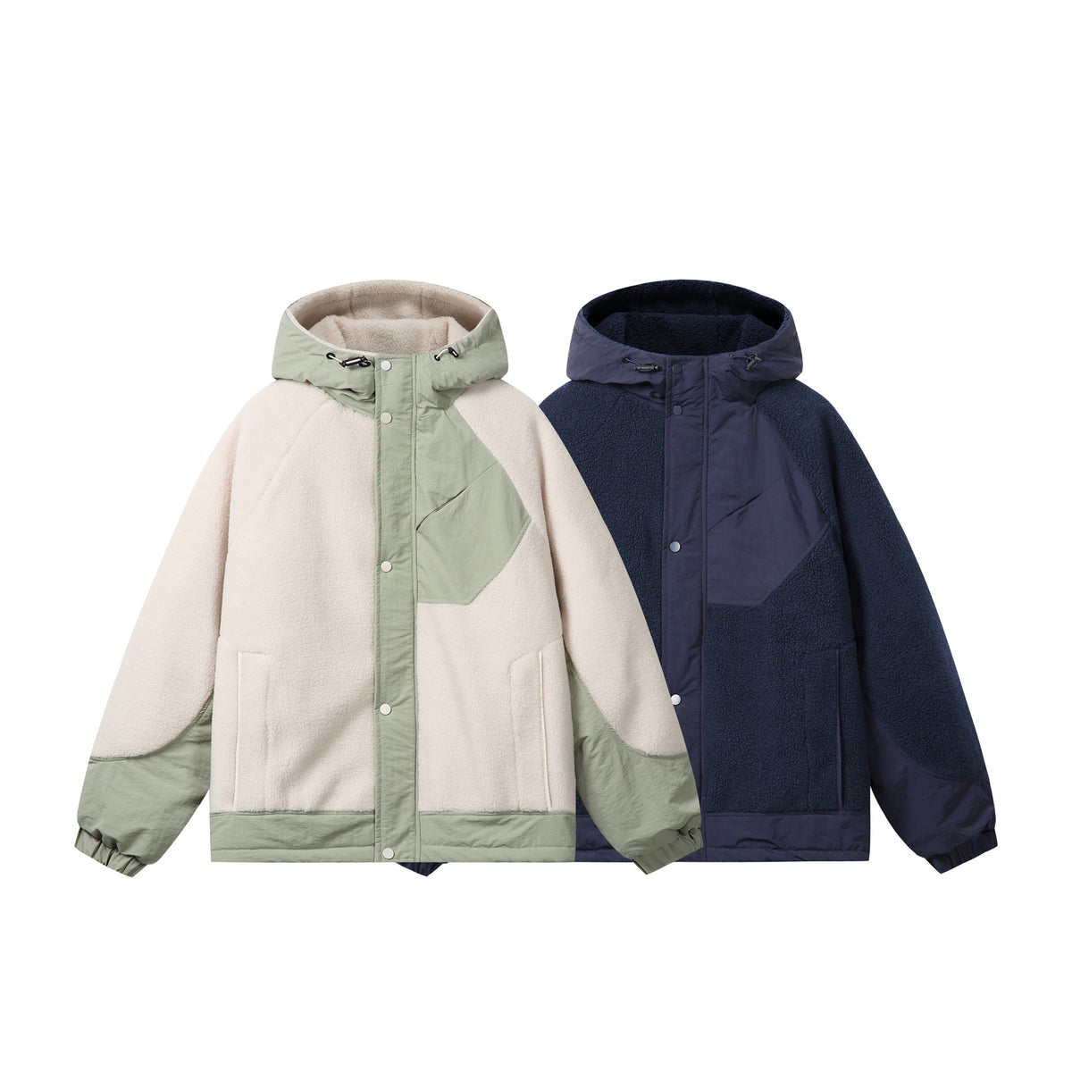 Unisex Boxy Fleece Jacket with Hood and Contrasting Nylon Inserts EVA-US