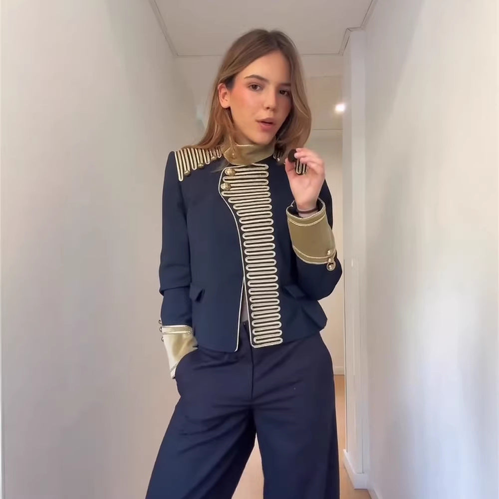 Women’s military-inspired short jacket with golden braid trim and standing collar EVA-US