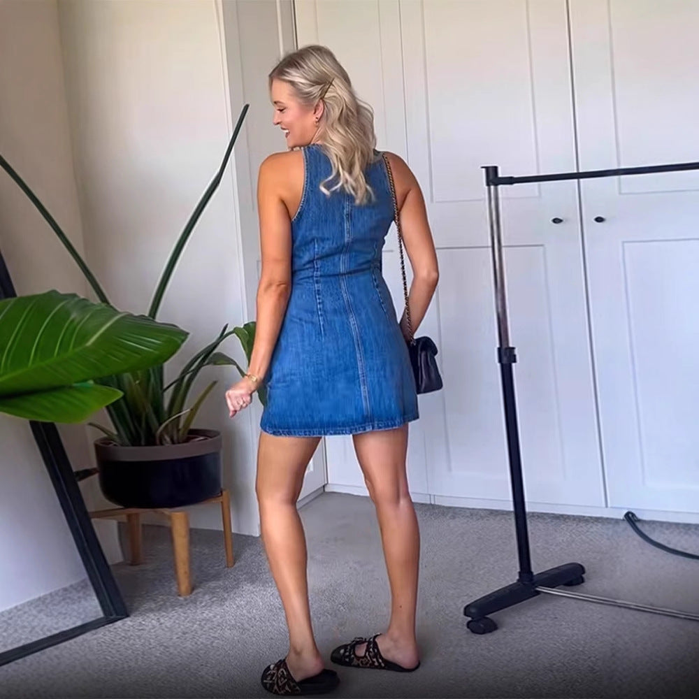 Women's Form-Fitting Sleeveless Denim Mini Dress with Center Button Placket EVA-US