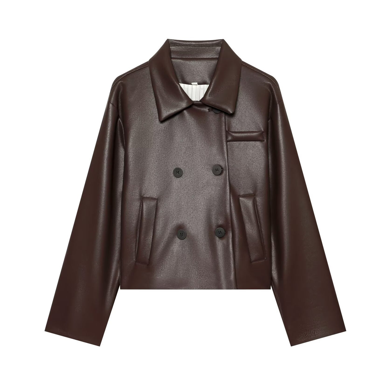 Women's Short Faux Leather Blouson with Double-Breasted Button Placket and Boxy Silhouette EVA-US