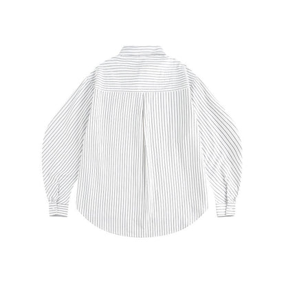 Women Oversize Shirt Blouse with fine pinstripe, balloon sleeves, and rounded hem