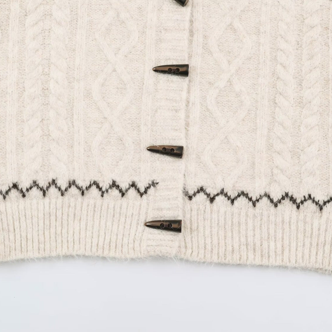 Women's Coarse Knit Hooded Cardigan with Horn Buttons and Norwegian Pattern EVA-US