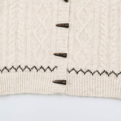 Women's Coarse Knit Hooded Cardigan with Horn Buttons and Norwegian Pattern EVA-US