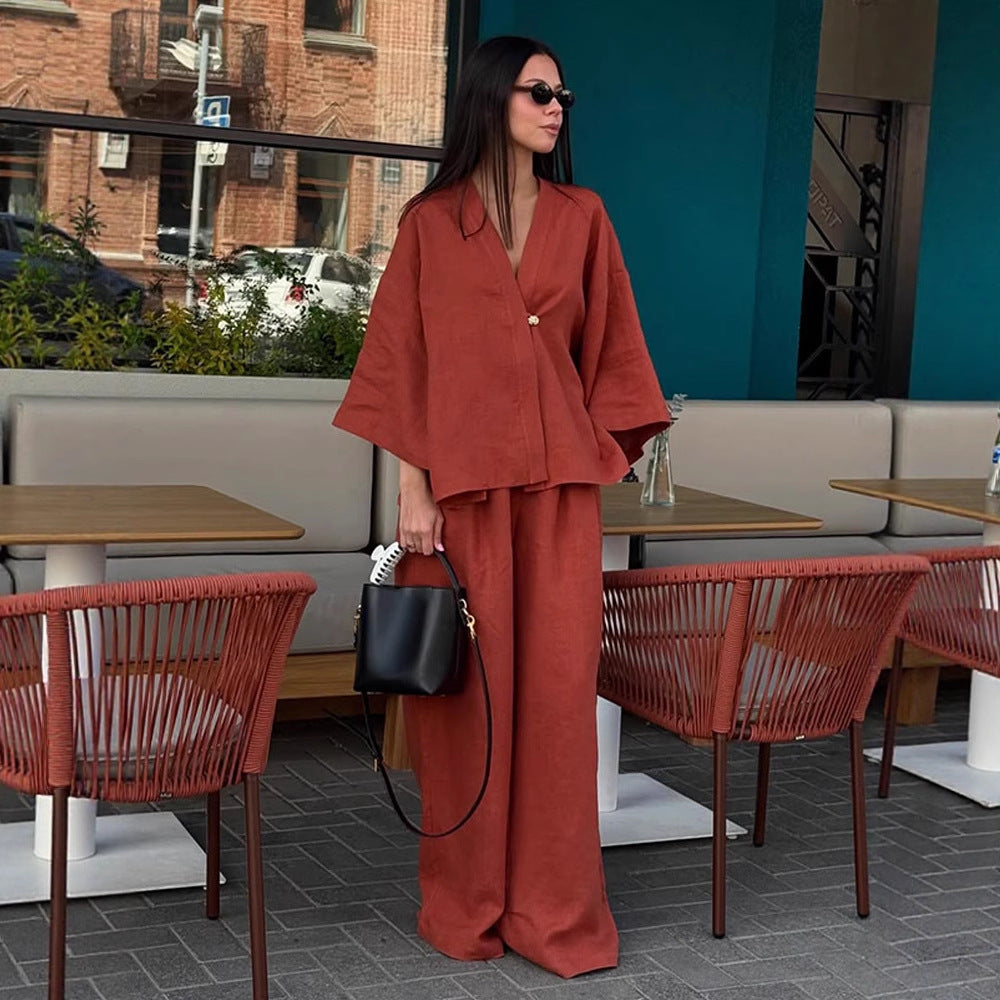 Women Casual Linen Look Two Piece with Kimono Blazer and Wide Palazzo Pants EVA-US