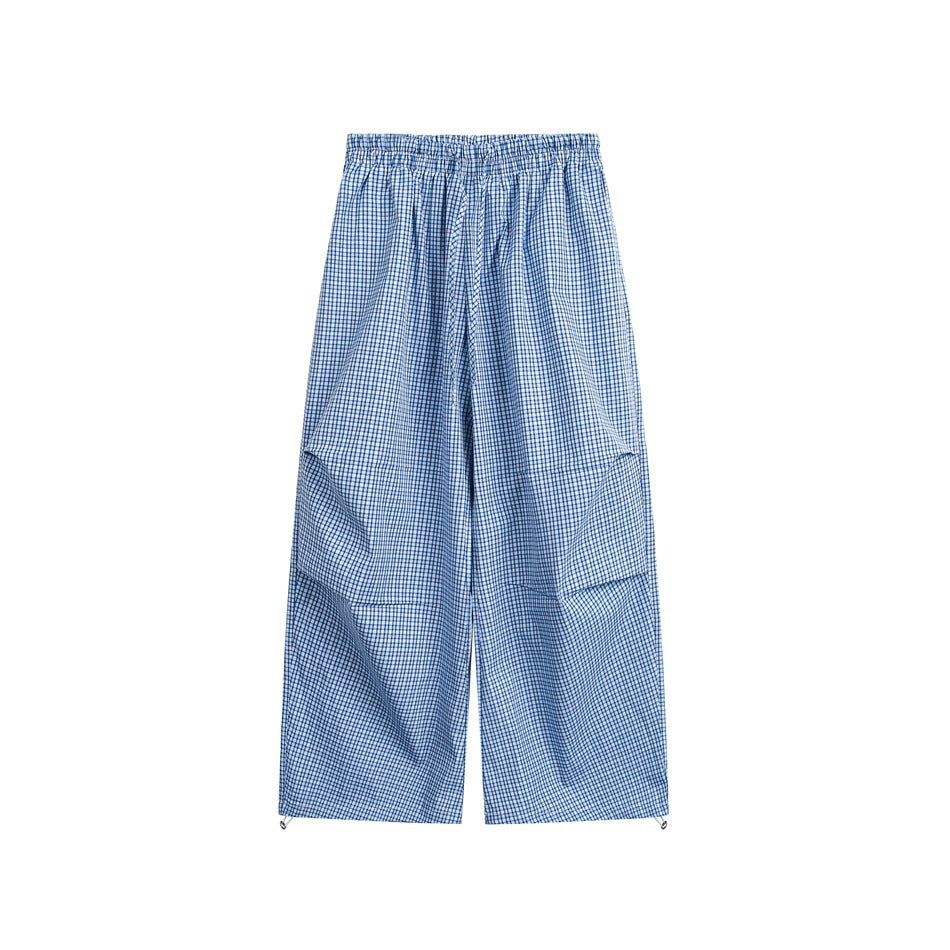 Women's loose cotton pants with elastic waistband, check pattern and adjustable hem drawstring EVA-US