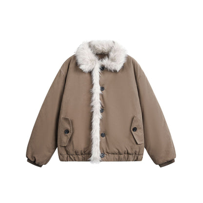 Women's short jacket in boxy cut with wide faux fur collar EVA-US