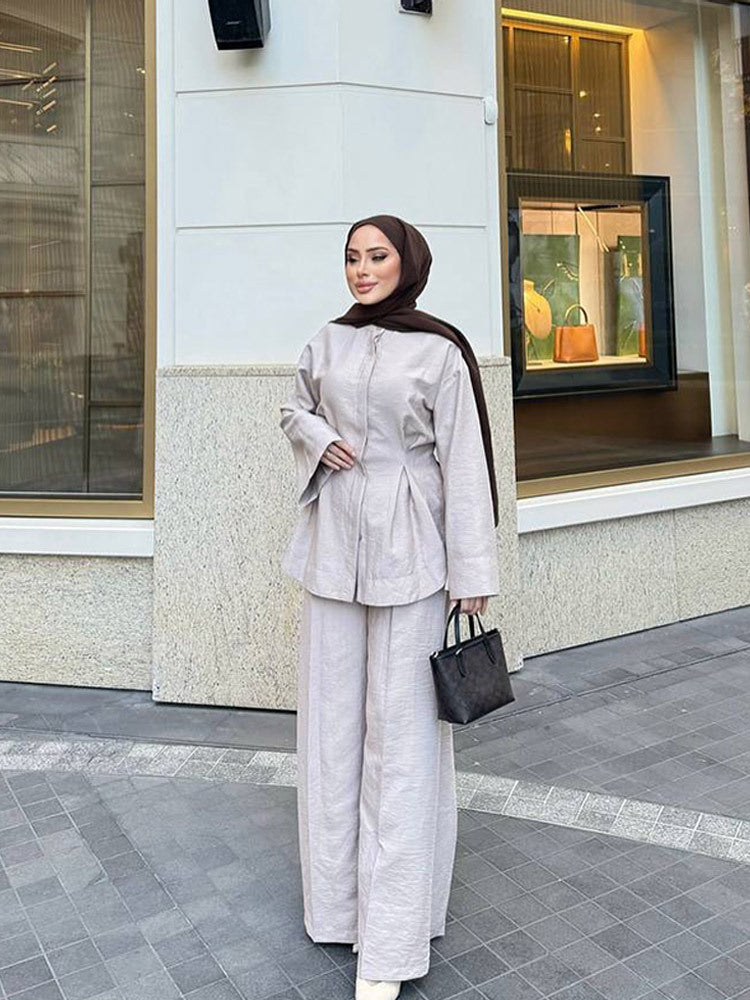 Ladies two-piece linen set with tailored pleat, wide leg and zip jacket EVA-US