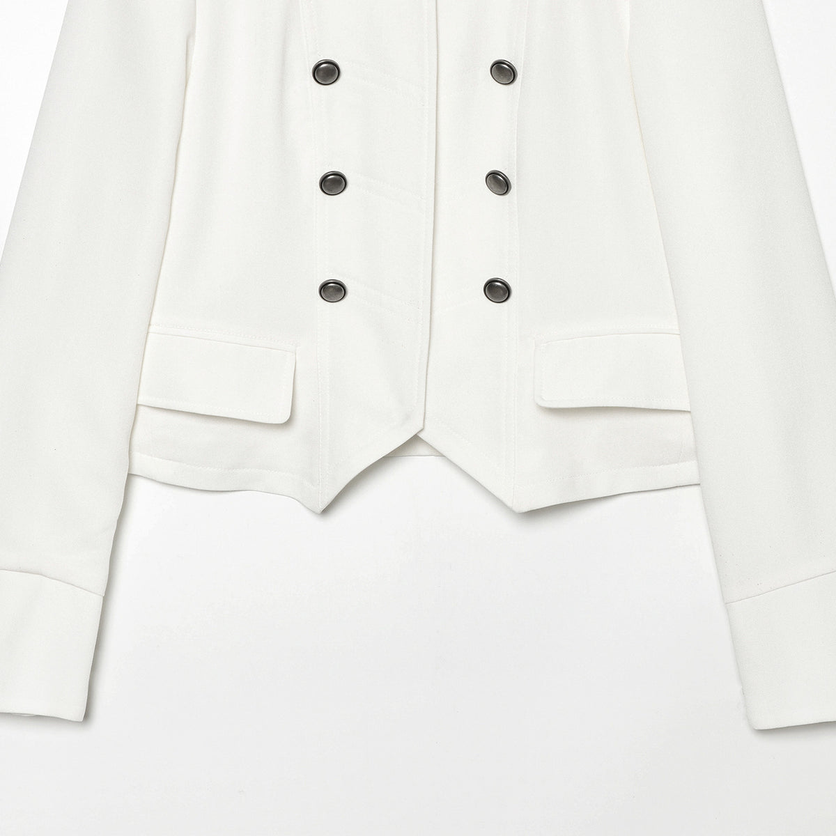 Women Short Military-Inspired Double-Breasted Jacket with Stand Collar and Flap Pockets EVA-US