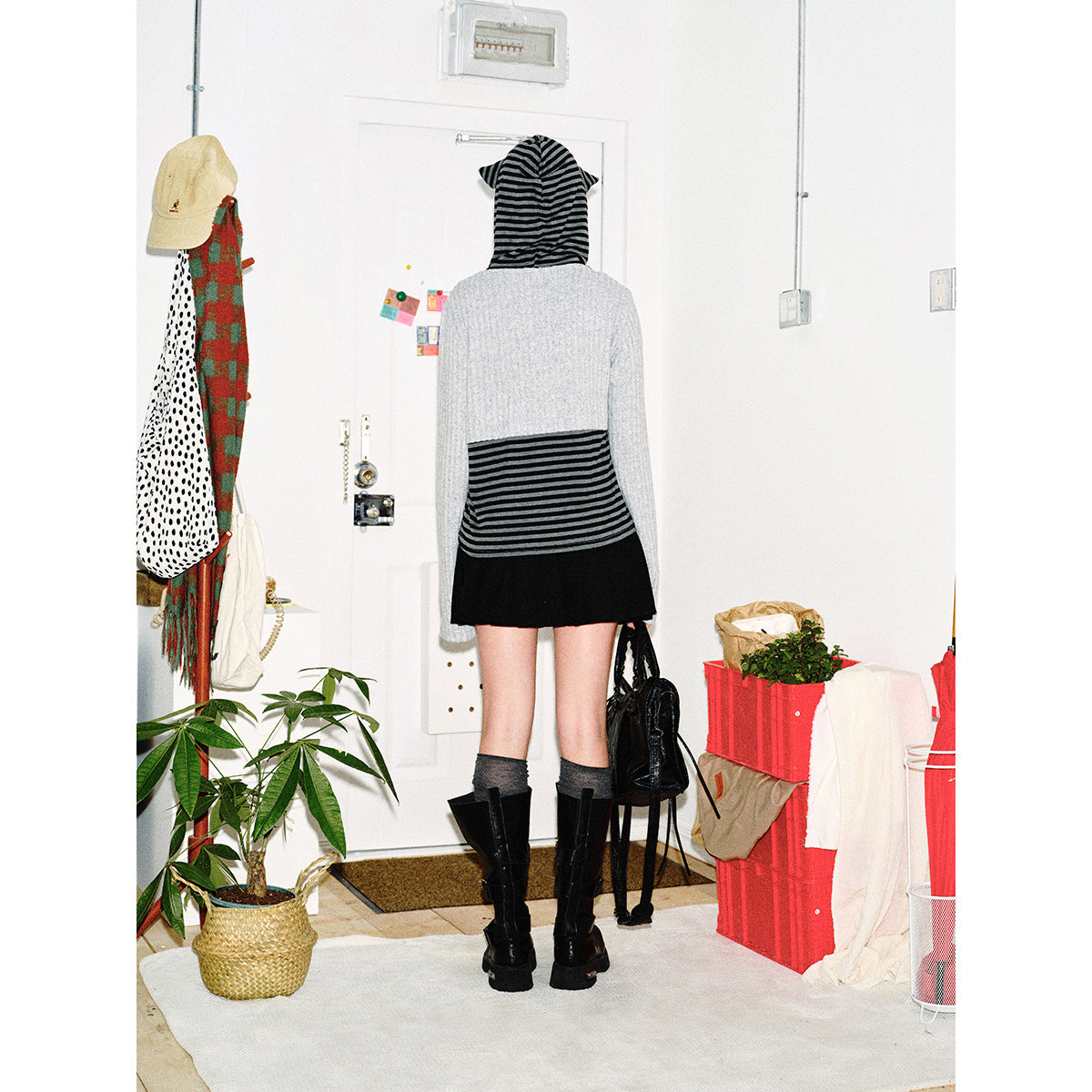 Women's layered look hoodie with striped bottom and short ribbed bolero EVA-US