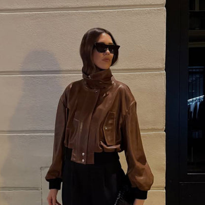 Women's short-cut leather blouse jacket with high stand-up collar and balloon sleeves EVA-US