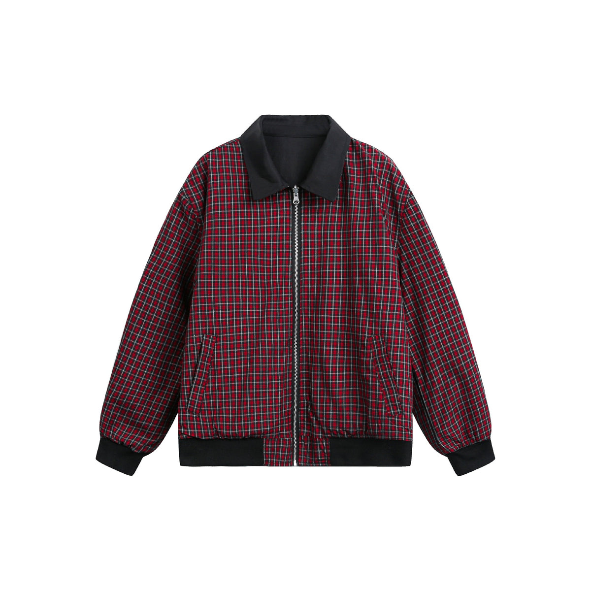 Unisex Reversible Bomber Jacket with Check Lining, Zipper and Ribbed Cuffs EVA-US
