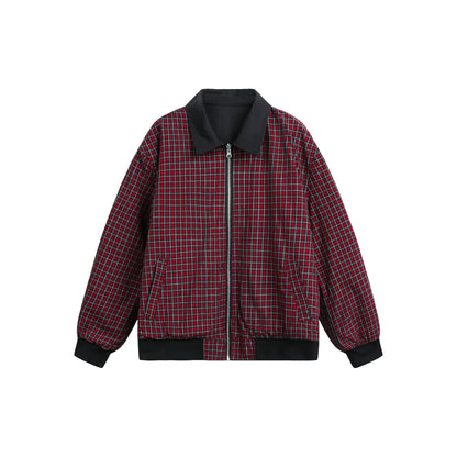Unisex Reversible Bomber Jacket with Check Lining, Zipper and Ribbed Cuffs EVA-US