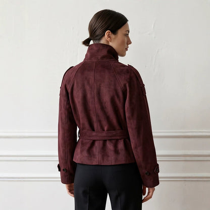 Women's Tailored Short Jacket in Suede Look with Double Breasted and Stand-Up Collar EVA-US