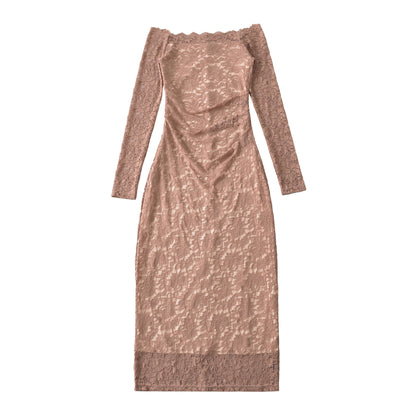 Women's Off-Shoulder Lace Dress with Waist Gather and Long Sleeve