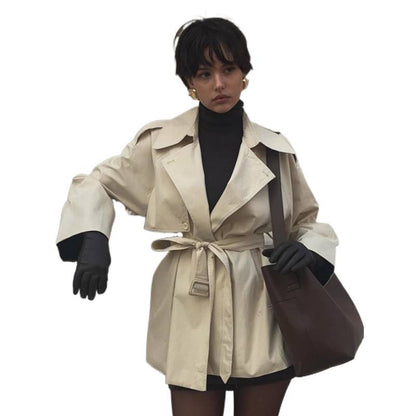Women's Short Tailored Trench with Cape Overcoat and Tie Belt EVA-US