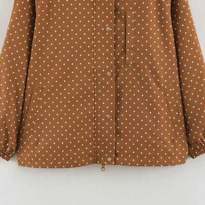 Women's Lightweight Water-Repellent Hooded Jacket with Polka Dot Pattern and Snap Button Placket EVA-US