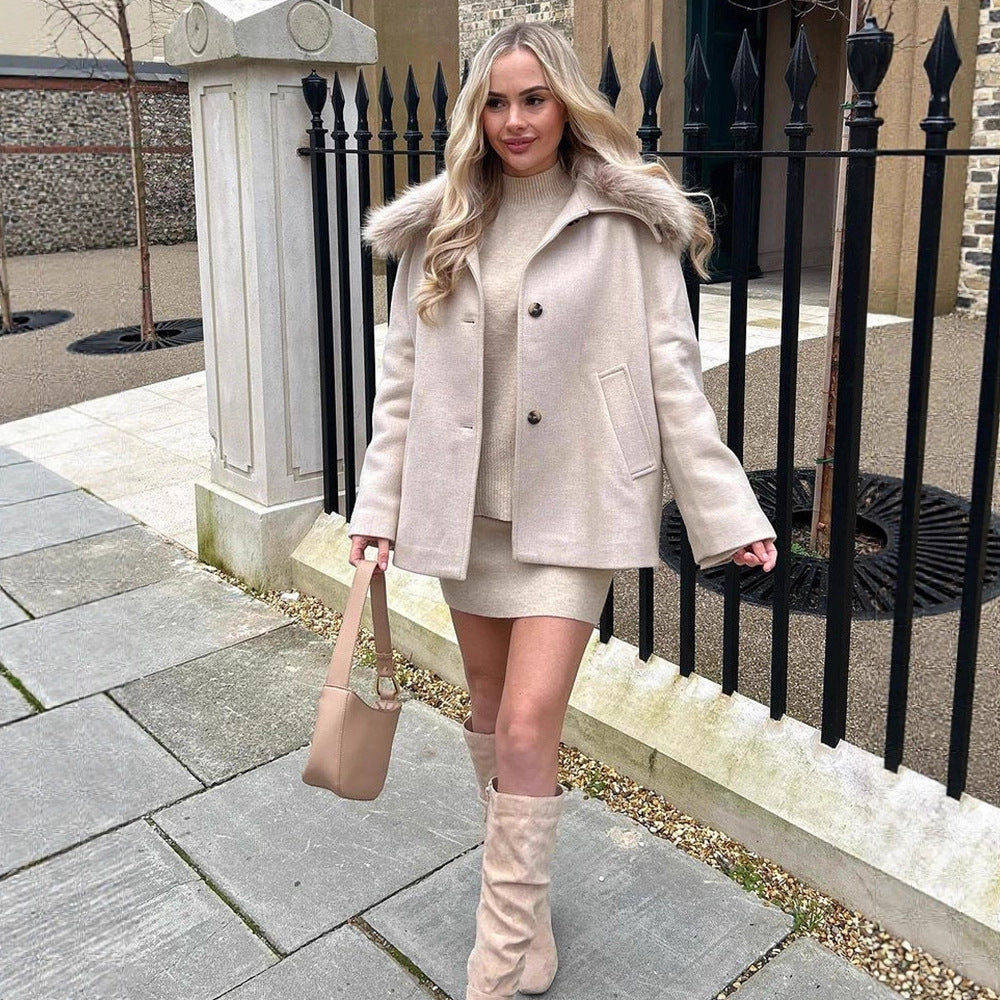 Women's short coat with faux fur shawl collar & boxy oversized silhouette EVA-US