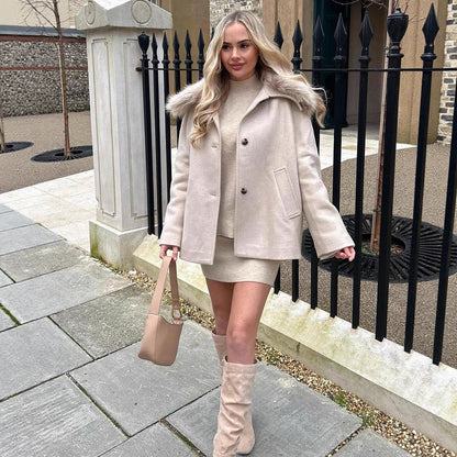 Women's short coat with faux fur shawl collar & boxy oversized silhouette EVA-US
