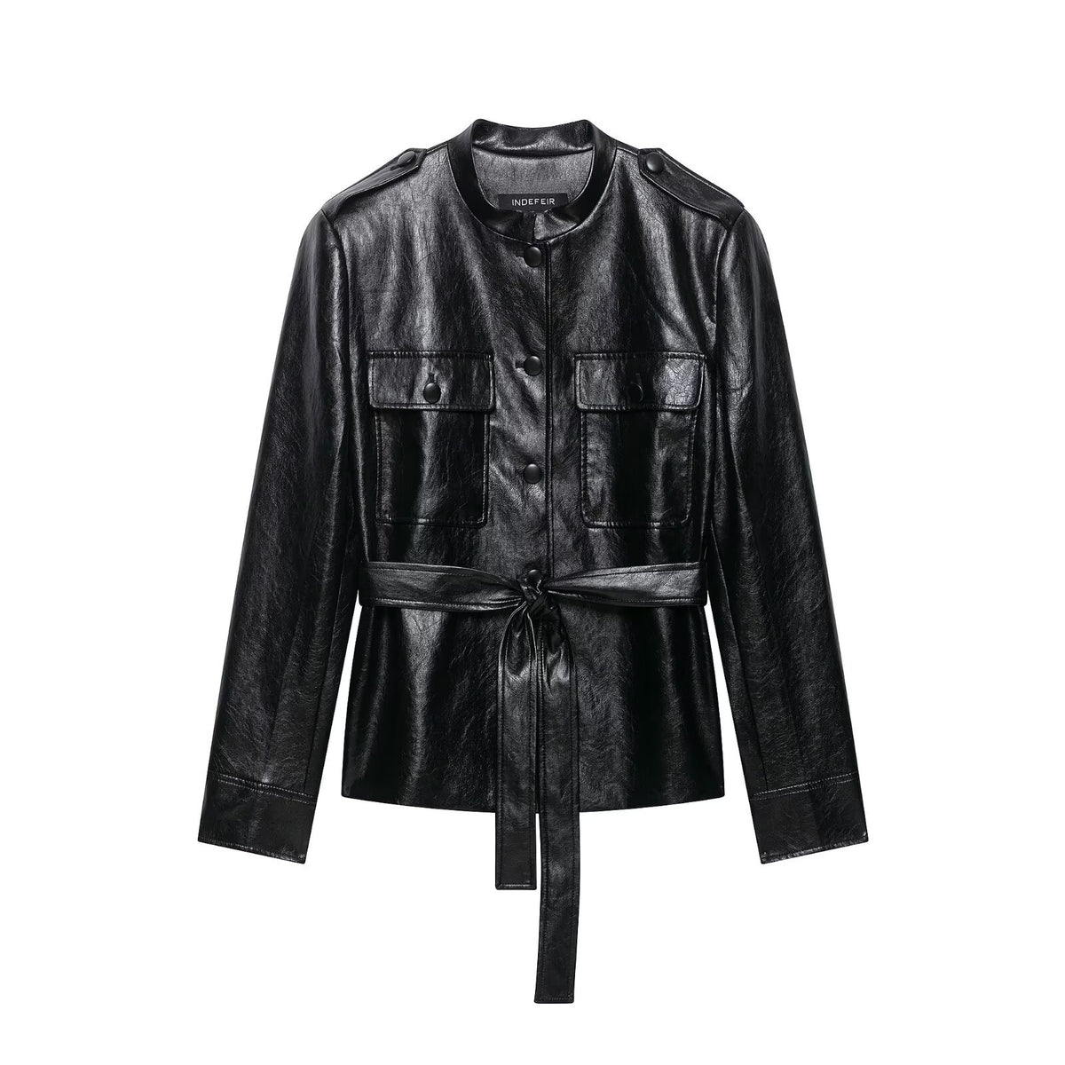 Women's fitted faux leather trench coat with stand-up collar, flapped pockets and tie belt EVA-US