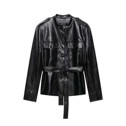 Women's fitted faux leather trench coat with stand-up collar, flapped pockets and tie belt EVA-US