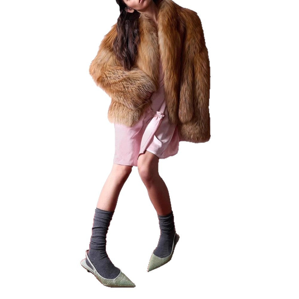Women's Short Plush Faux Fur Coat with Boxy Silhouette and Voluminous Shawl Collar EVA-US