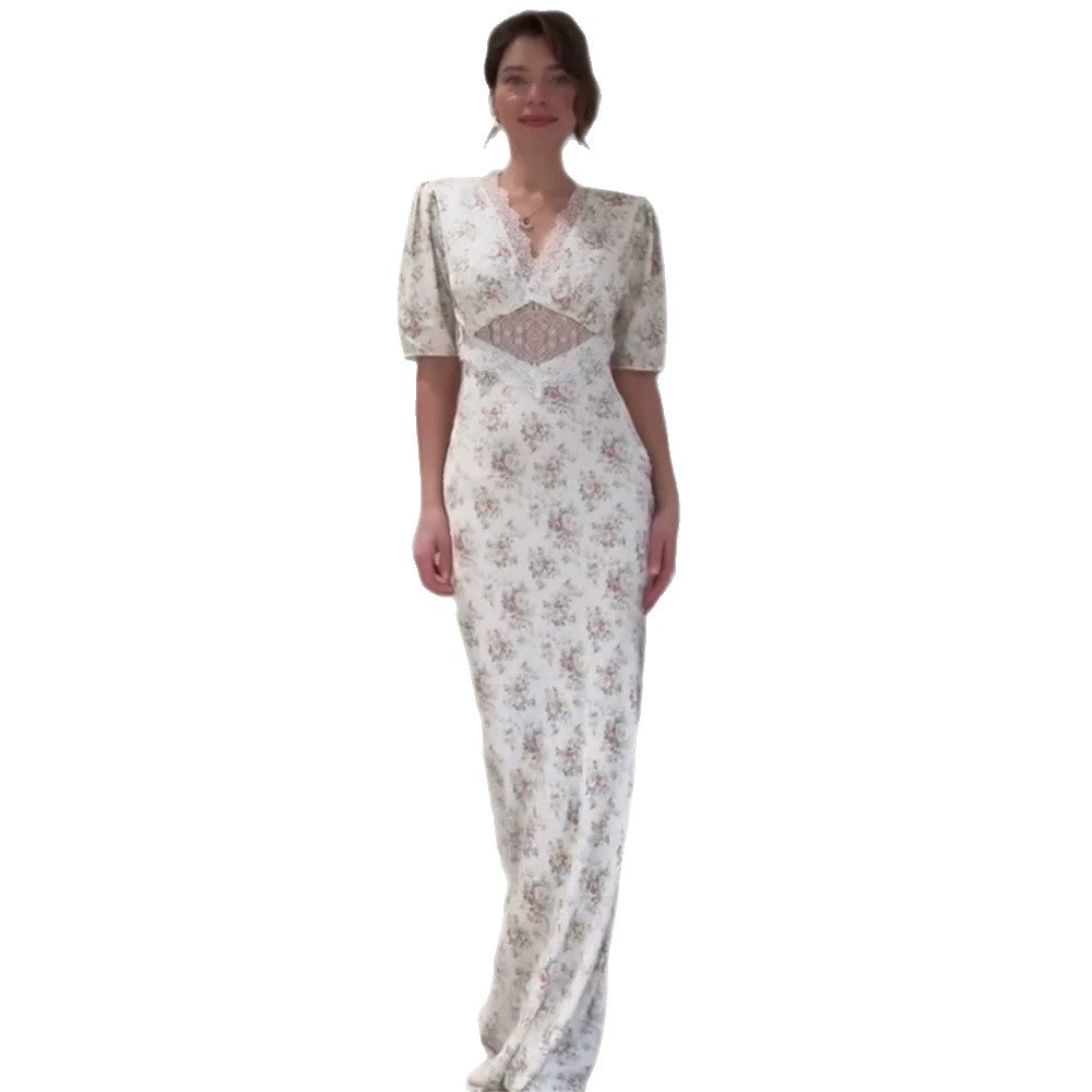 Ladies Romantic Maxi Dress made of flowing satin with lace cut-out & puff sleeves EVA-US