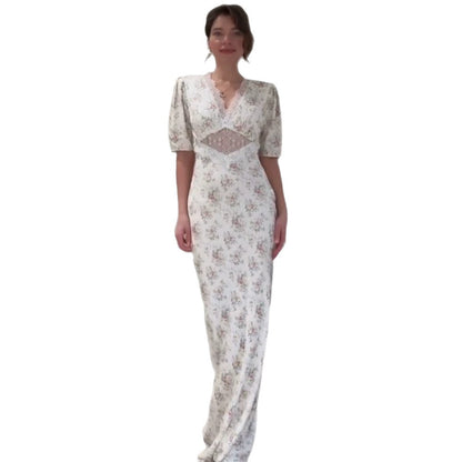 Ladies Romantic Maxi Dress made of flowing satin with lace cut-out & puff sleeves EVA-US