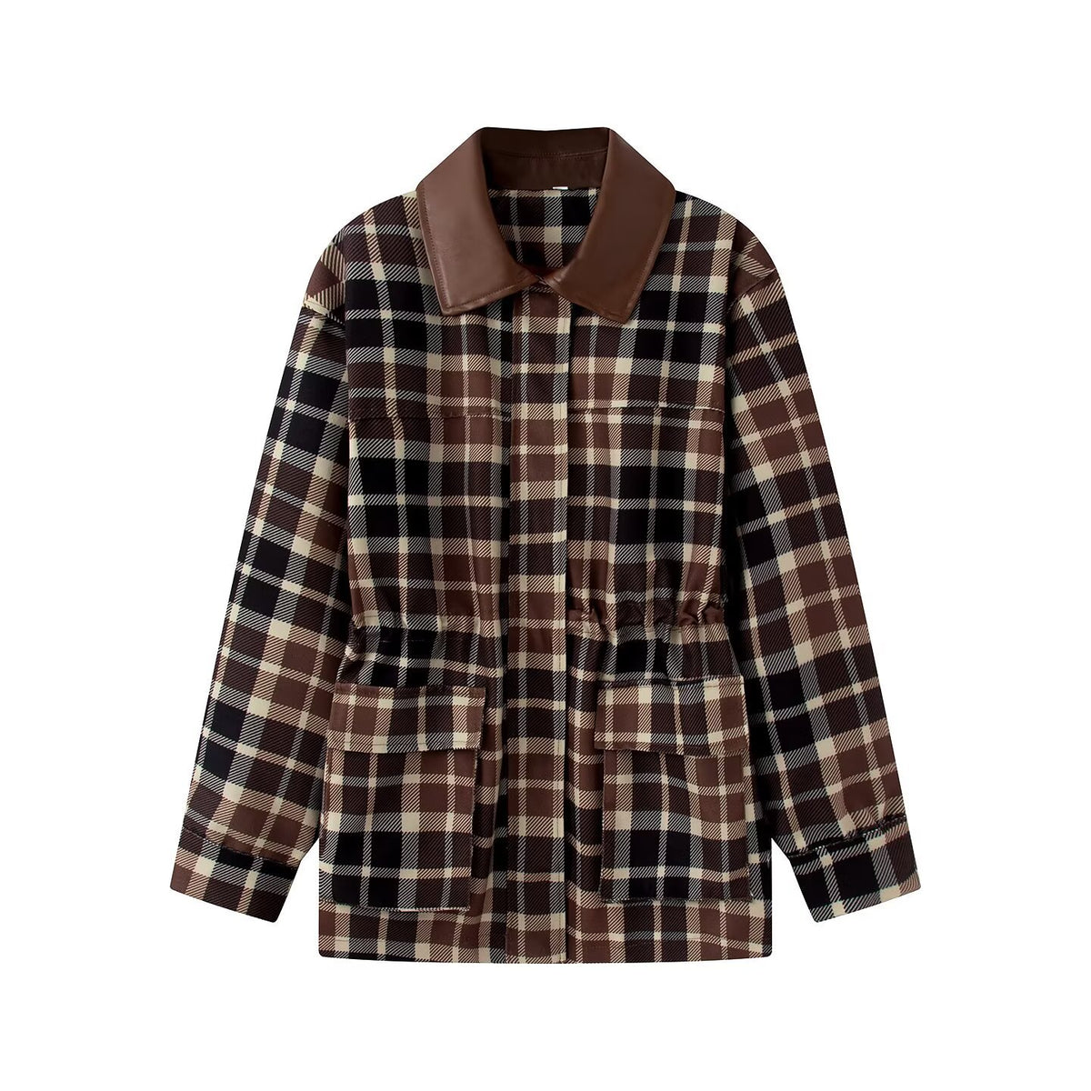 Women Checked Jacket with Faux Leather Collar, Drawstring Waist and Flap Pockets EVA-US