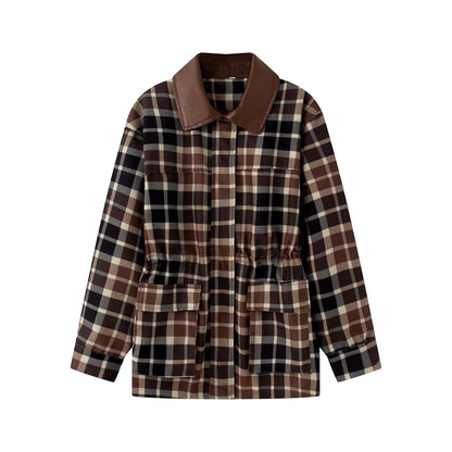 Women Checked Jacket with Faux Leather Collar, Drawstring Waist and Flap Pockets EVA-US
