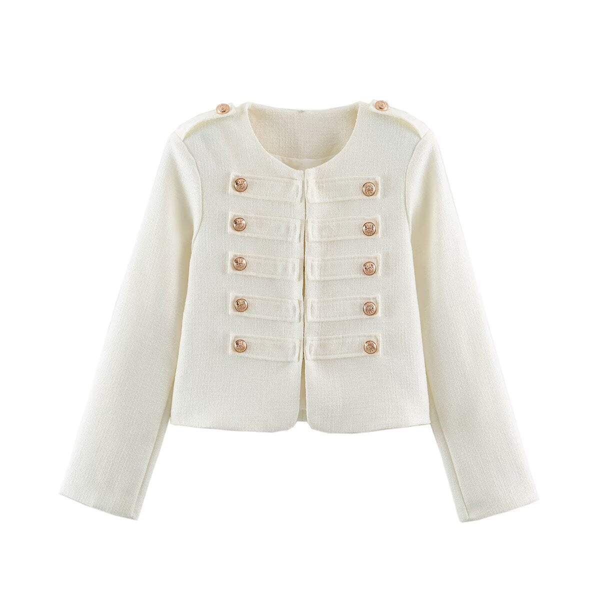 Women Short Boucle Jacket in Military Style with Decorative Stripes and Gold Buttons EVA-US