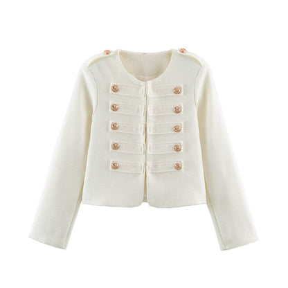 Women Short Boucle Jacket in Military Style with Decorative Stripes and Gold Buttons EVA-US