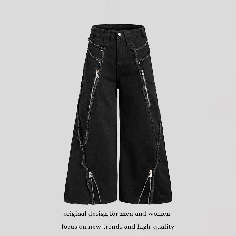 Women wide Denim Culotte with fringe details and zipper accents EVA-US