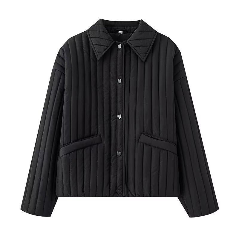 Women's short quilted jacket with vertical quilting, shirt collar and heart button placket EVA-US