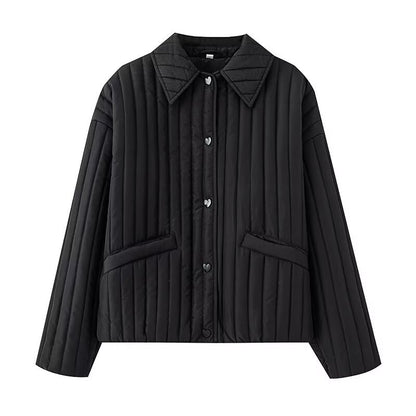 Women's short quilted jacket with vertical quilting, shirt collar and heart button placket EVA-US