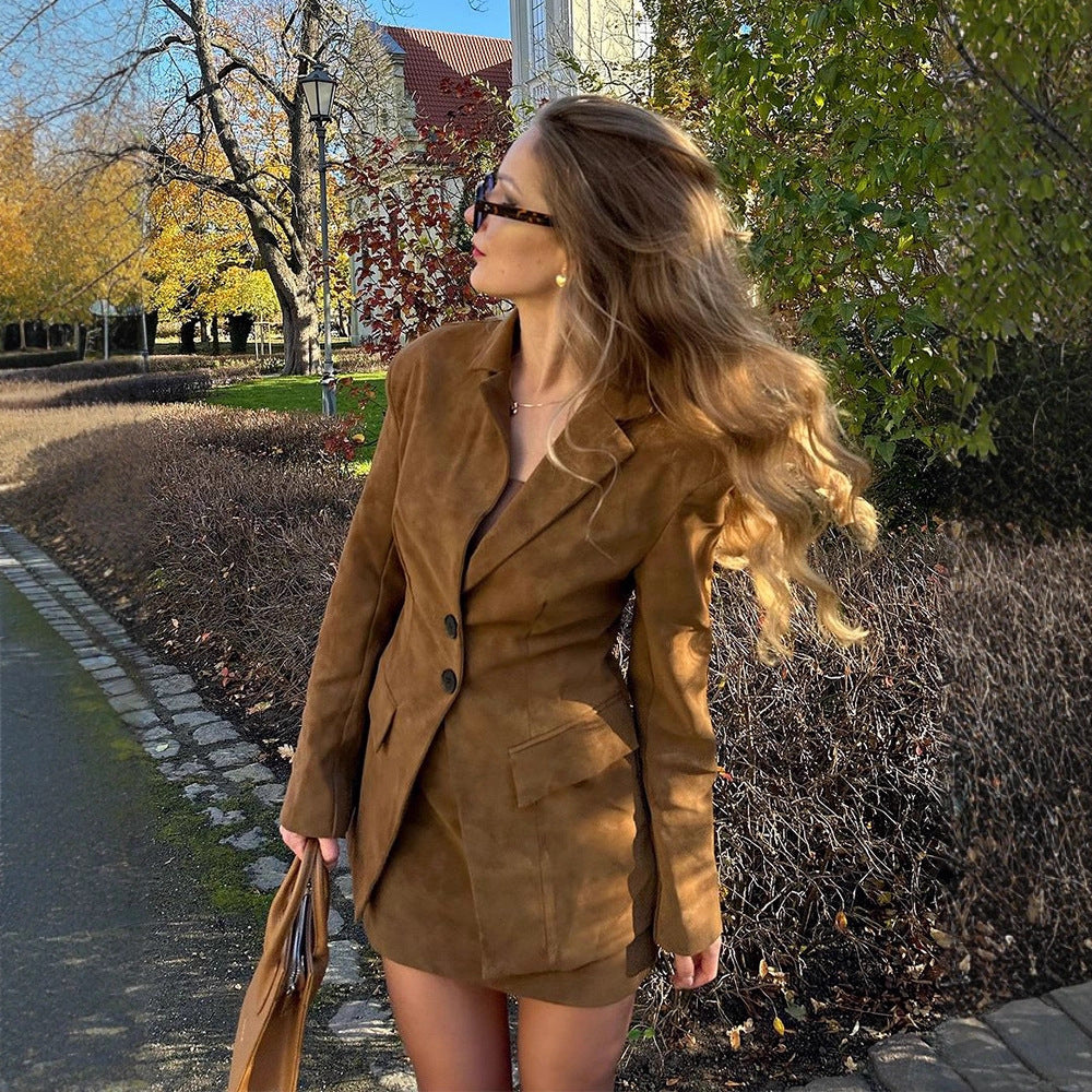 Women's Tailored Suede Leather Suit with Blazer and Mini Skirt, Figure-Shaping Cut