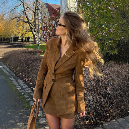 Women's Tailored Suede Leather Suit with Blazer and Mini Skirt, Figure-Shaping Cut