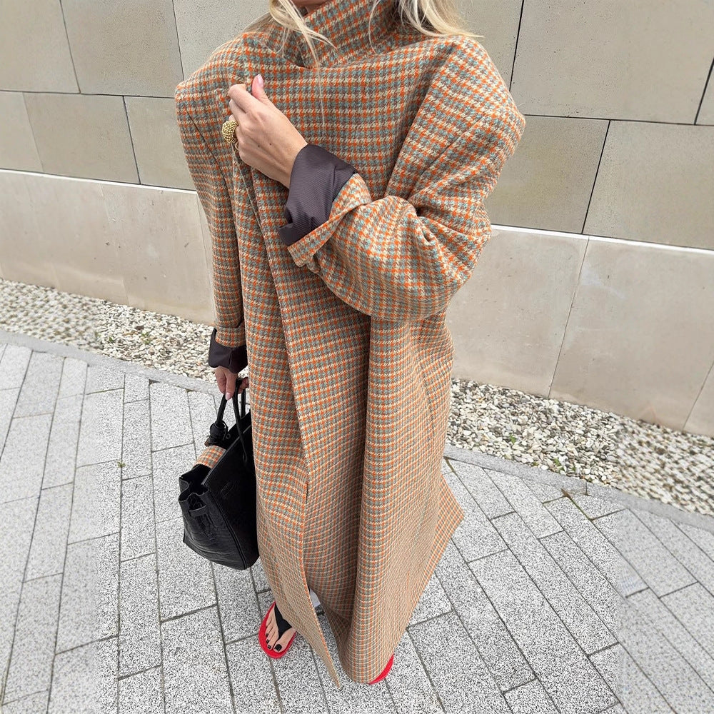 Women Oversize Wool Coat with Houndstooth Pattern and Waist Belt EVA-US