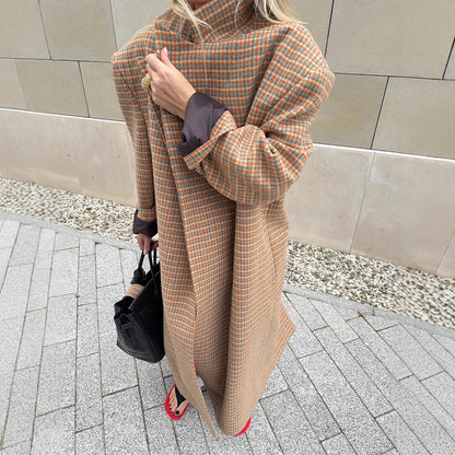 Women Oversize Wool Coat with Houndstooth Pattern and Waist Belt EVA-US
