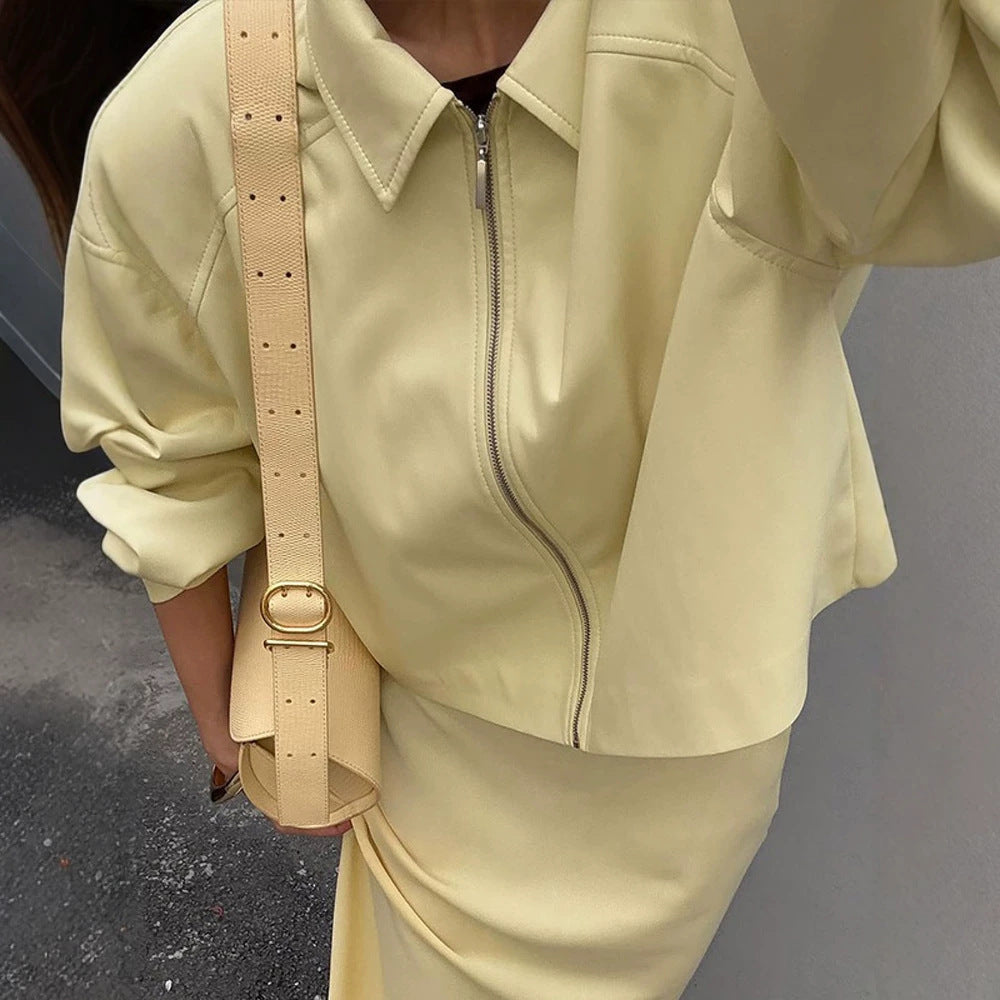 Women's Tailored Zip Blouson Set with Shirt Collar and Midi Skirt EVA-US