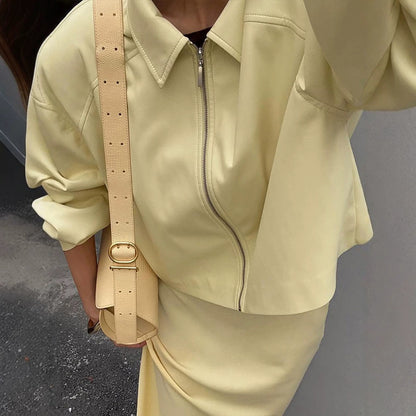 Women's Tailored Zip Blouson Set with Shirt Collar and Midi Skirt EVA-US
