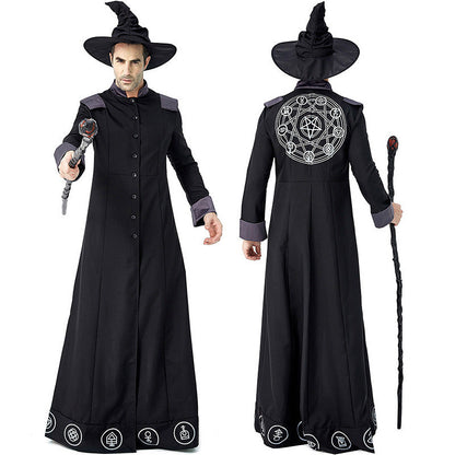 Men's magician costume with detailed symbols and elegant cape EVA-US