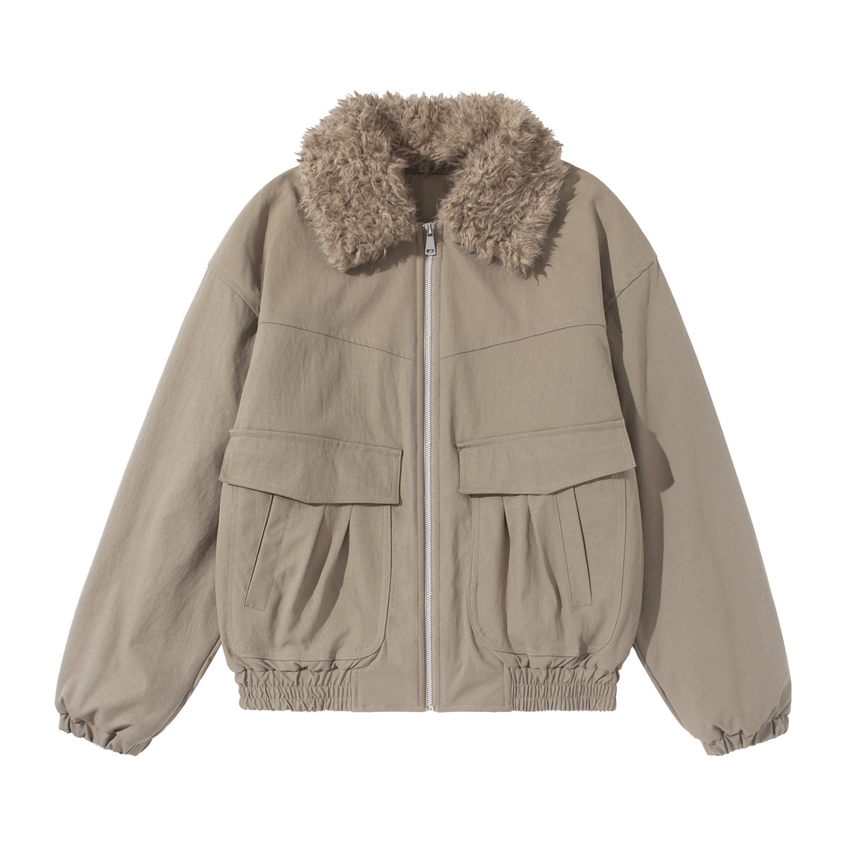 Women's short jacket with voluminous faux fur collar, kangaroo pockets, and elastic hem EVA-US