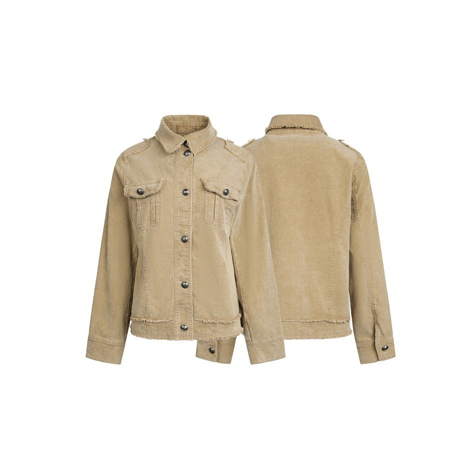 Women's short cord jacket with fringing, shirt collar and flap pockets EVA-US