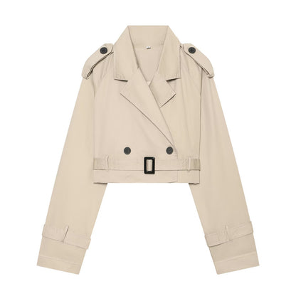 Women's short blouson trench coat with double-breasted button placket, shoulder epaulets, and waist belt EVA-US