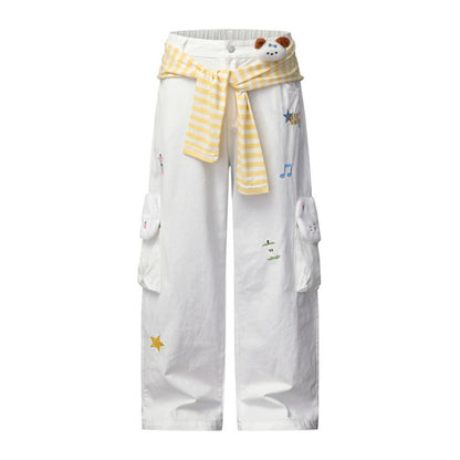 Women Wide Cargo Jeans with Plush Pockets, Embroidery and Elastic Waist EVA-US