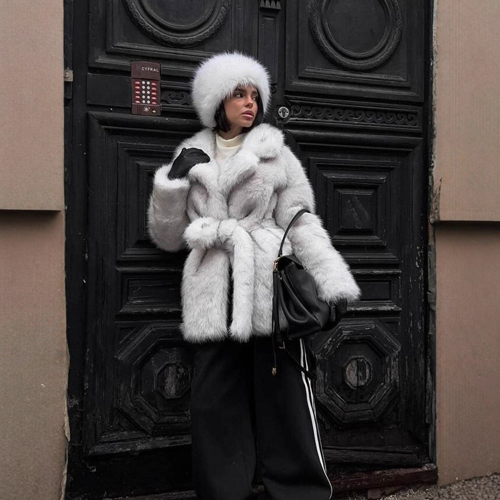 Ladies Voluminous Short Coat made of Faux Fur with Belted Waist and Oversized Shawl Collar EVA-US