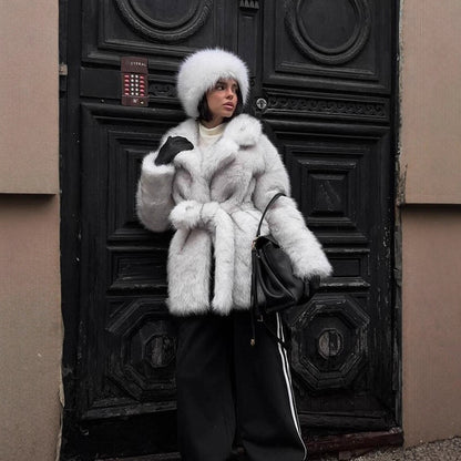 Ladies Voluminous Short Coat made of Faux Fur with Belted Waist and Oversized Shawl Collar EVA-US