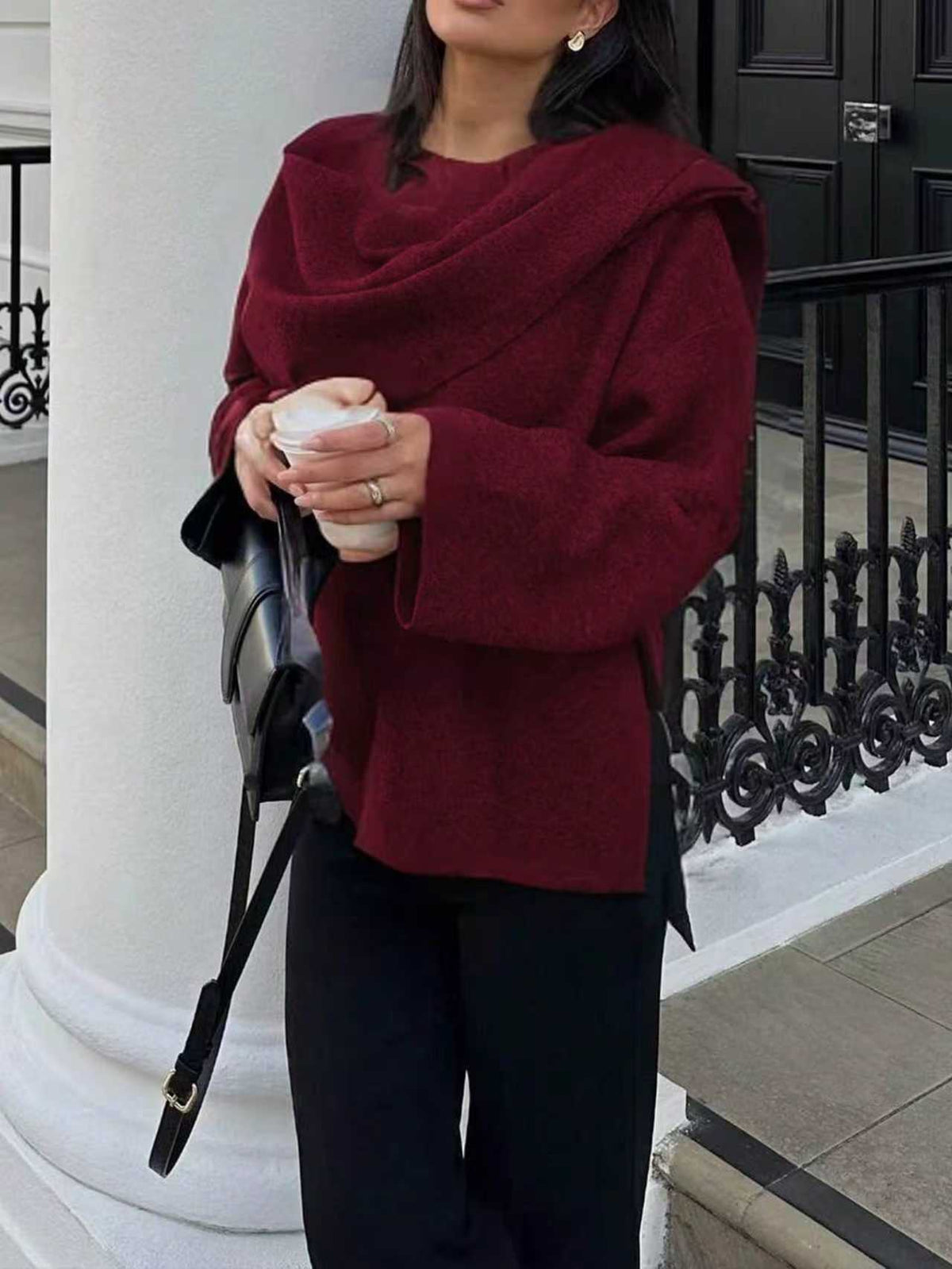 Women Oversize Wrap Poncho Coat with Wide Shawl Collar and One-Button Detail EVA-US