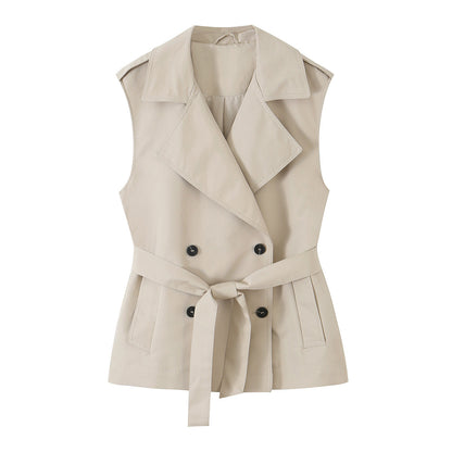 Women's Sleeveless Double-Breasted Trench Vest with Notched Lapel and Waist Belt EVA-US