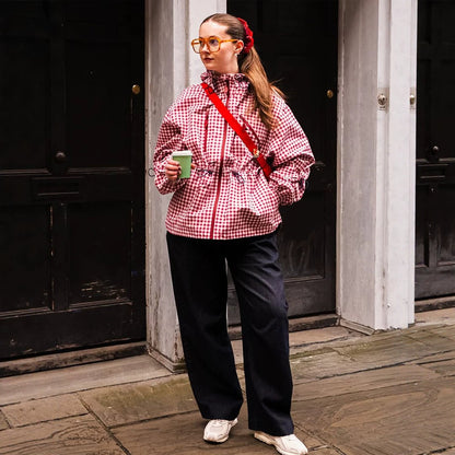 Women's Check Windbreaker with Waist Drawstring, Hood and Zipper EVA-US